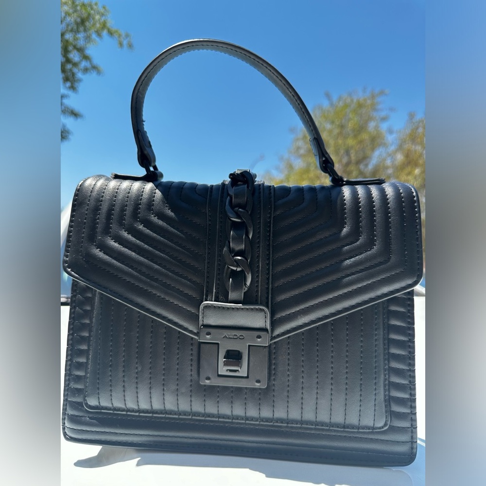 Black faux leather Aldo clutch - black on black metal-